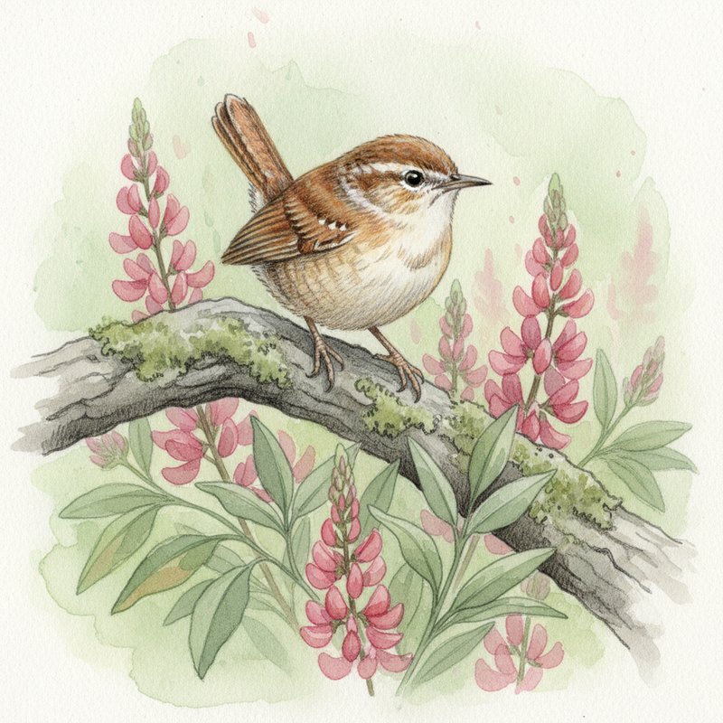 Watercolor illustration of a wren perched on a mossy branch among wildflowers